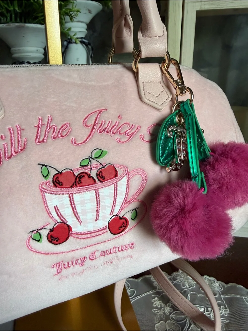 Juicy Couture Pink Cherry Charm Embroidered Small Satchel Handbag Purse